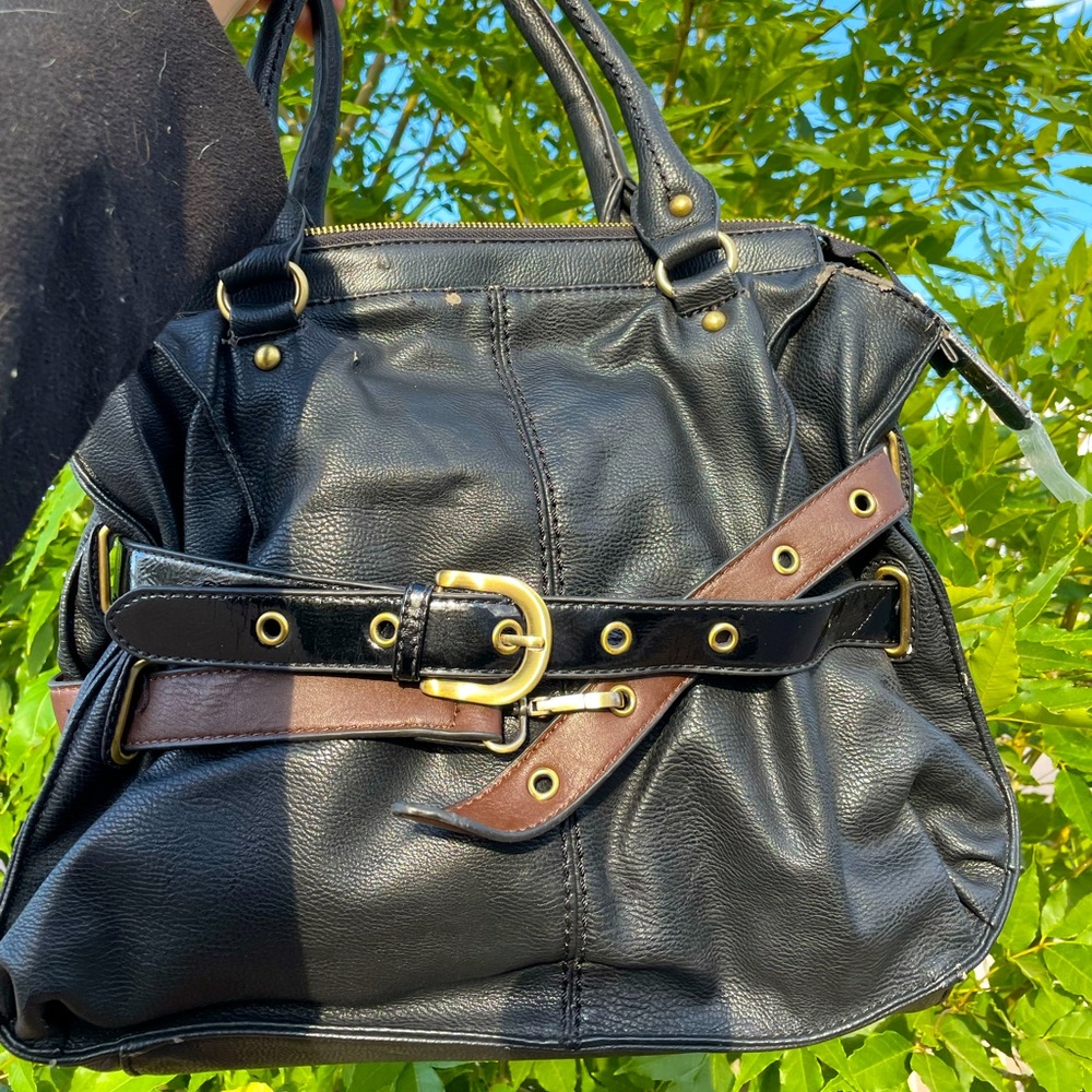 Melie Bianco Black Bag w/ Double Belt Accents, size: LRG | Shabby Chic